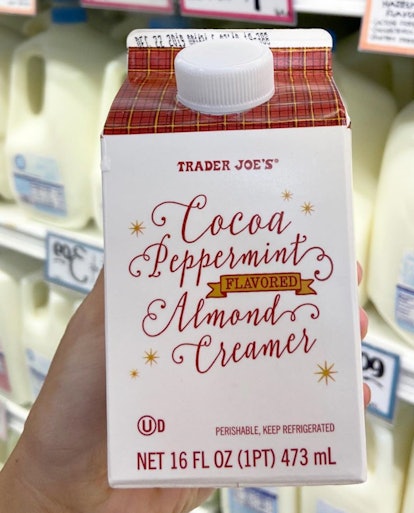 Trader Joe's has cocoa peppermint almond creamer perfect for the holiday season.