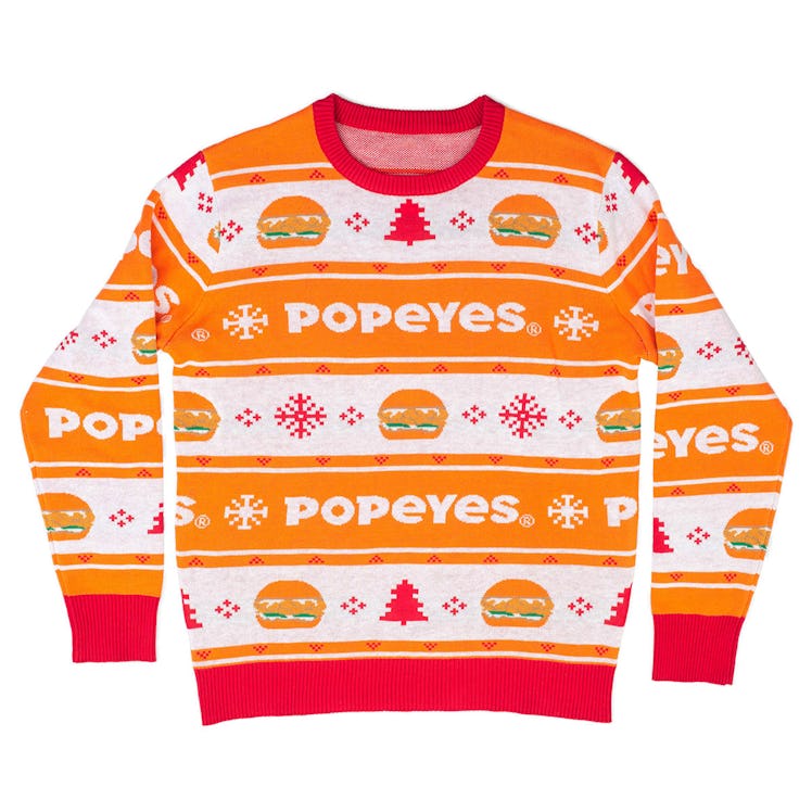Popeyes' 2019 Ugly Holiday Sweater has the Popeyes'Chicken Sandwich on it, so you can wear your fave...