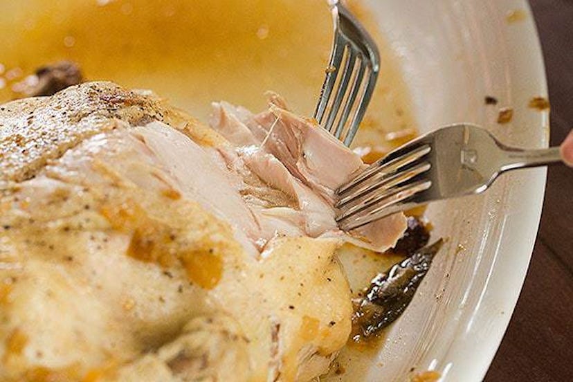 Close up of fork pulling apart roasted chicken on a plate
