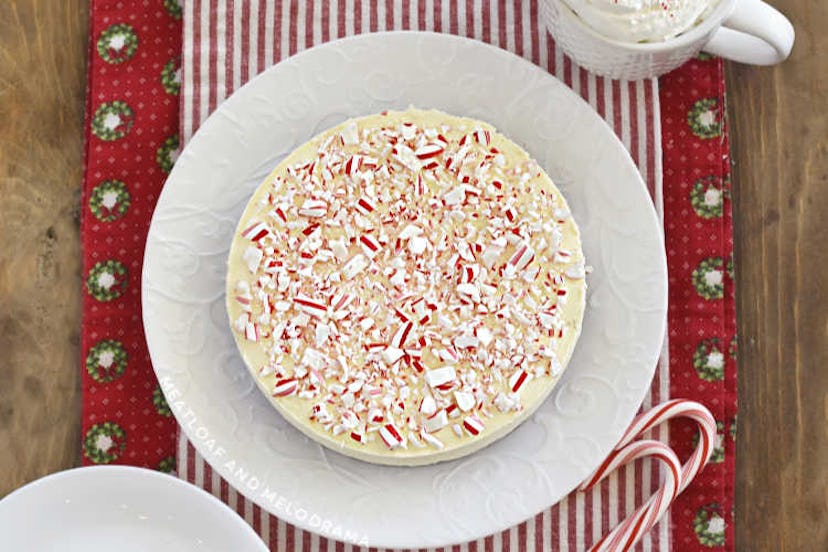 aerial view of cheesecake with crushed peppermint on top