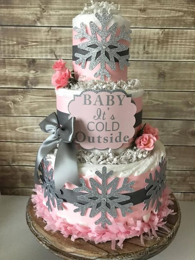 Baby It's Cold Outside Diaper Cake in Pink and Silver