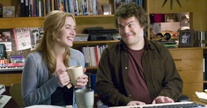 Kate Winslet and Jack Black in a scene from 'The Holiday' sip tea and laugh.