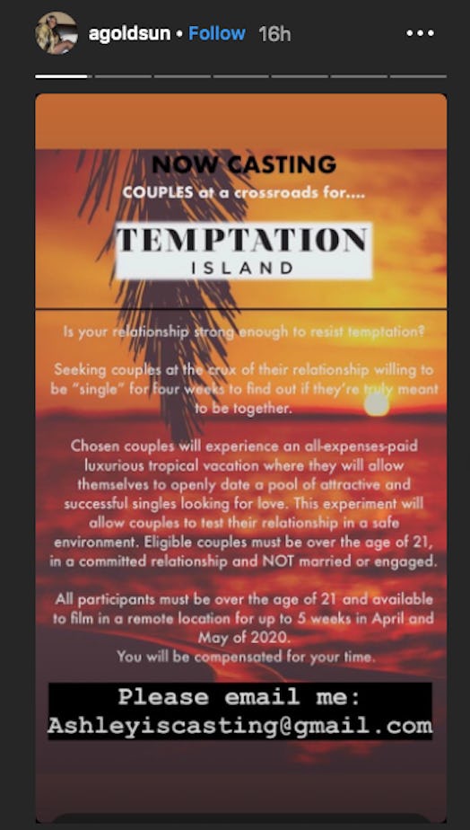 Ashley Goldson recruits couples for Temptation Island Season 3 on Instagram