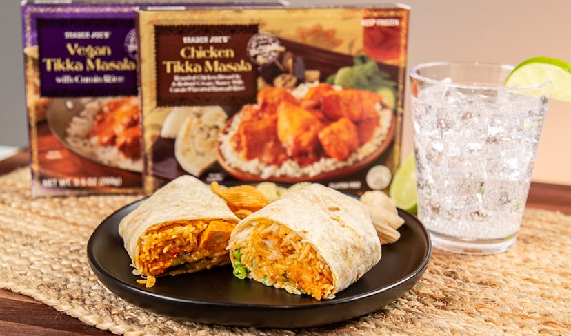 An easy Trader Joe's frozen meals hack it putting your favorite dish into a tortilla for a quick bur...