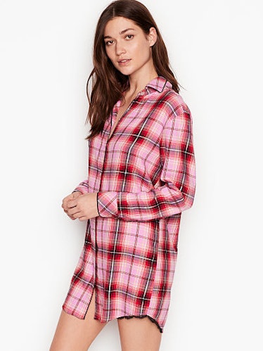 Button-Front Flannel Sleep Top in Berry Frost Plaid