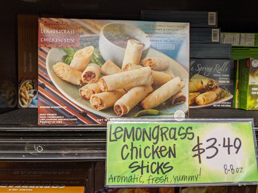 Trader Joe's display of packed, pre-made, frozen Lemongrass Chicken Sticks
