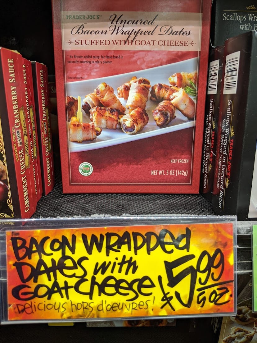 Trader Joe's display of packed, pre-made, frozen Bacon Wrapped Dates