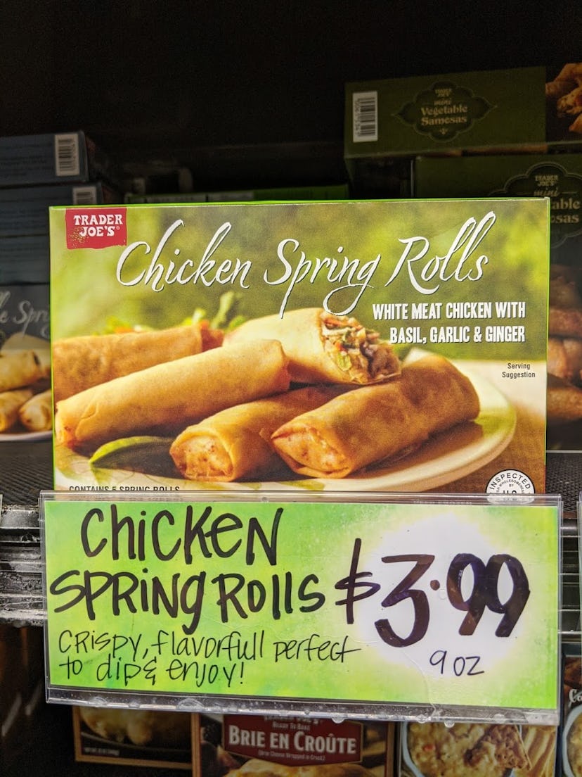 Trader Joe's display of packed, pre-made, frozen Chicken Spring Rolls