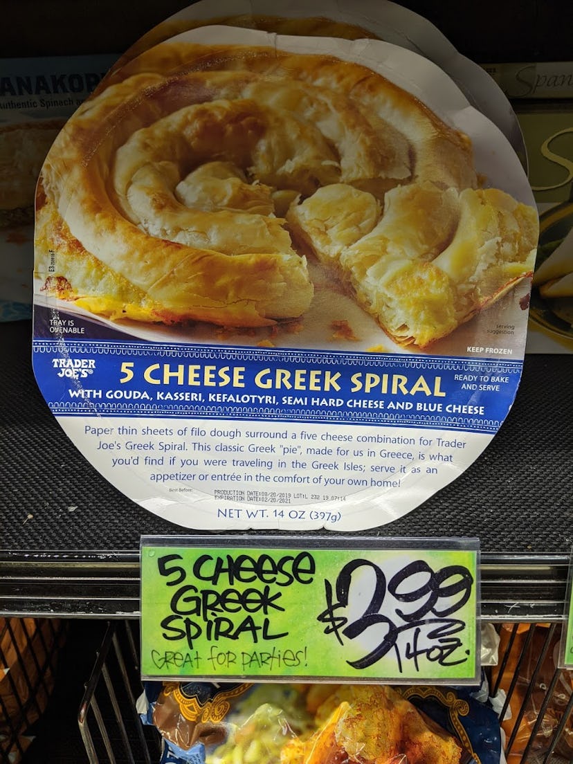 Trader Joe's display of packed, pre-made, frozen 5 Cheese Greek Spiral
