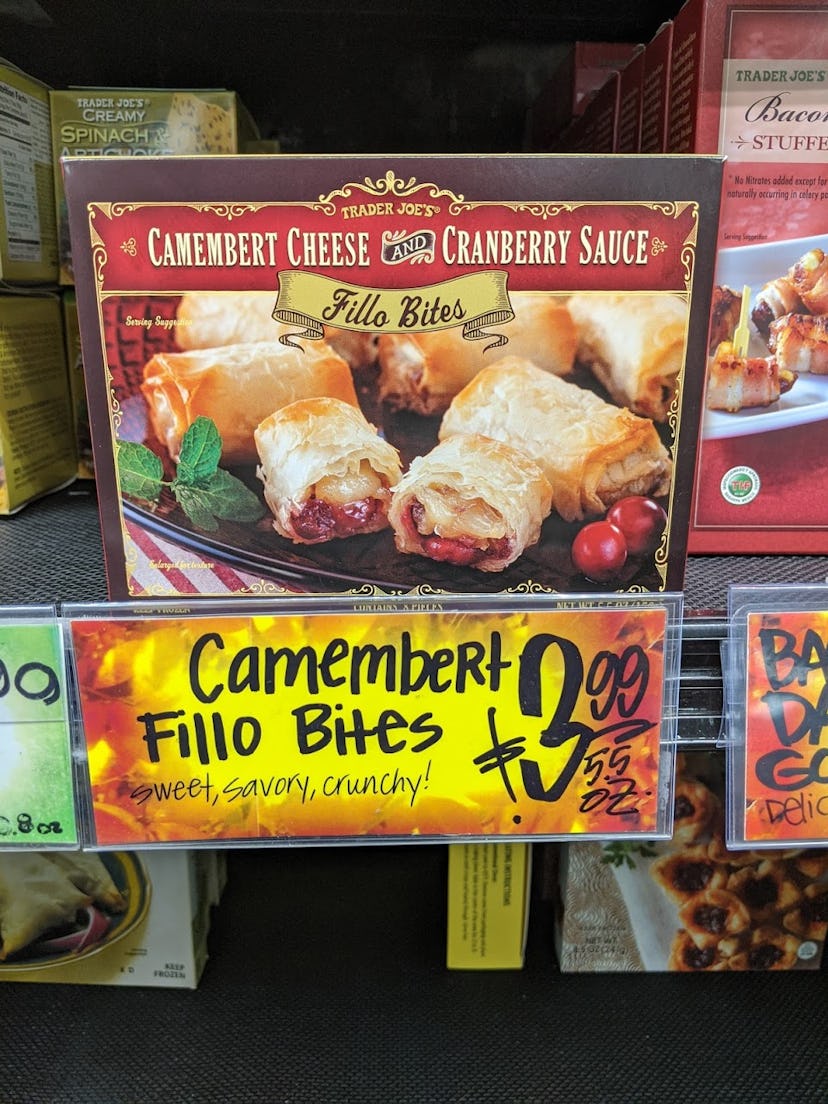 Trader Joe's display of packed, pre-made, frozen Camembert Fillo Bites