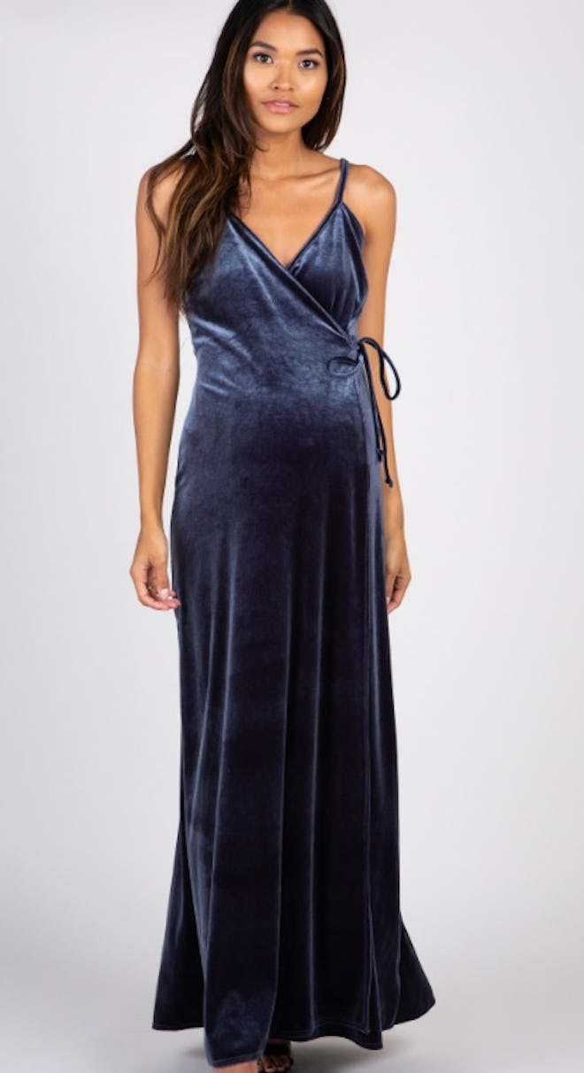 Grey Velvet Wrap Self Tie Maternity Maxi Dress