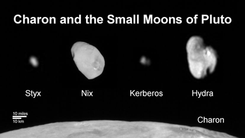 Family portrait of Pluto’s moons: This composite image shows a sliver of Pluto’s large moon, Charon,...