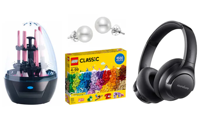 best last minute gifts from costco: makeup brush cleaner, pearl earrings, lego set, noise-cancelling...