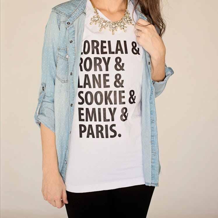 This Gilmore Girls t-shirt name drops Rory, Lorelai, Emily, Sookie, lane, and Paris.