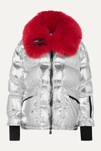 Shearling-Trimmed Metallic Quilted Down Ski Jacket