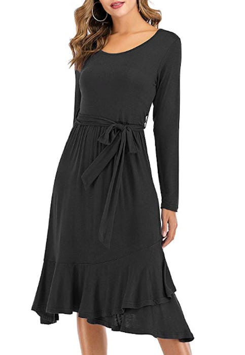 GUTGS Women's Plain Casual Belted Midi Dress