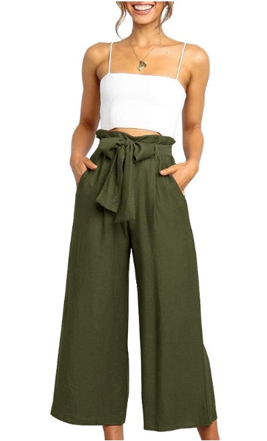 frill trim bow tie waist striped pants