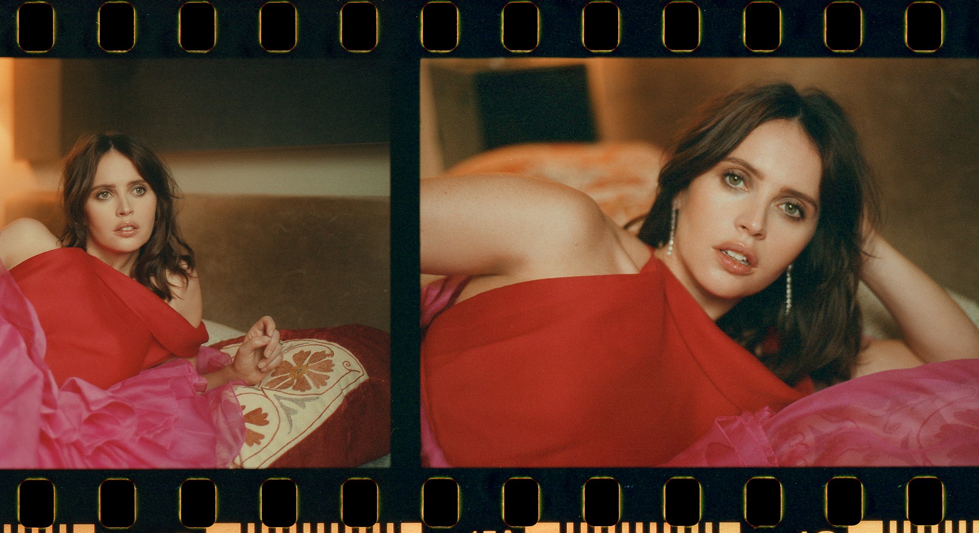 Three photos of Felicity Jones posing in a red top and pink skirt combination