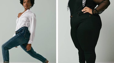 A collage of two women posing in Universal Standard's jeans 