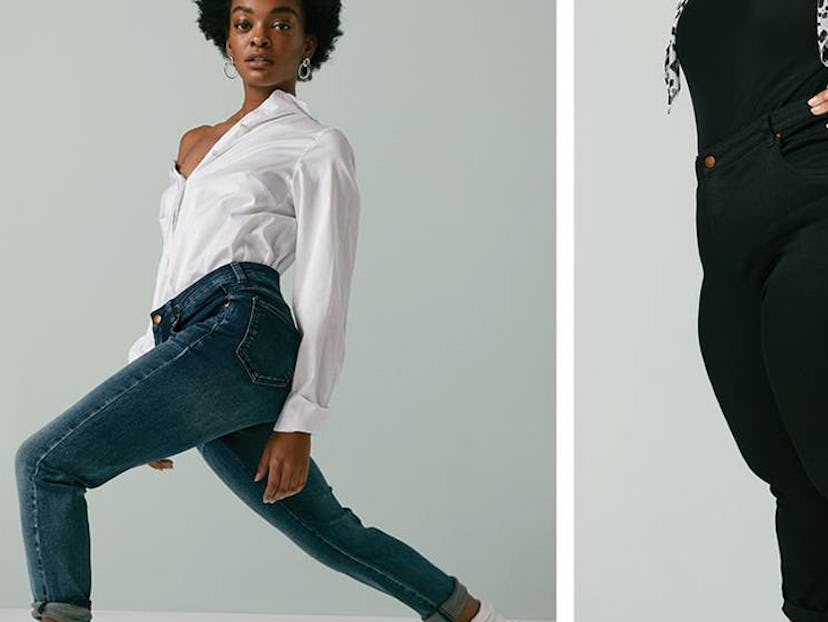 A collage of two women posing in Universal Standard's jeans 