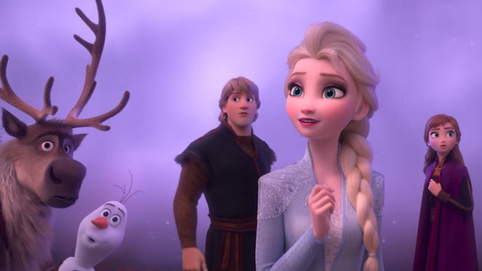 Sven, Olaf, Kristoff, Elsa, and Anna, left to right.