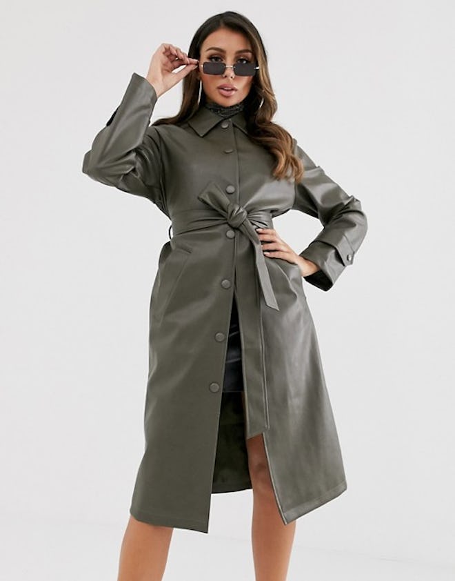 ASOS DESIGN Leather Look Trench Coat in khaki