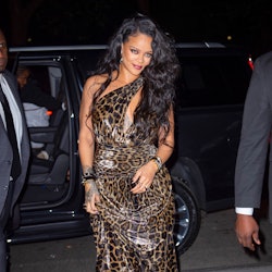 Rihanna wearing a leopard dress and snakeskin boots