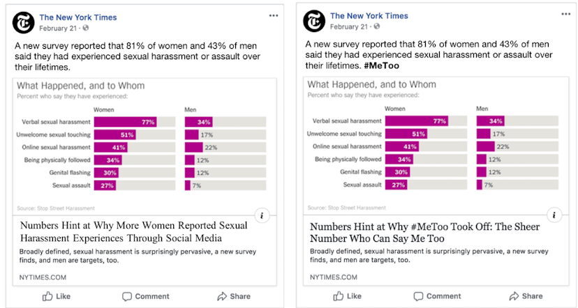 The news post on the right is identical to the original news post published on Facebook, except for ...