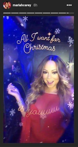 Screenshot of Mariah Carey using Instagram's new "All I Want" filter - Mariah in red outfit, smiling...