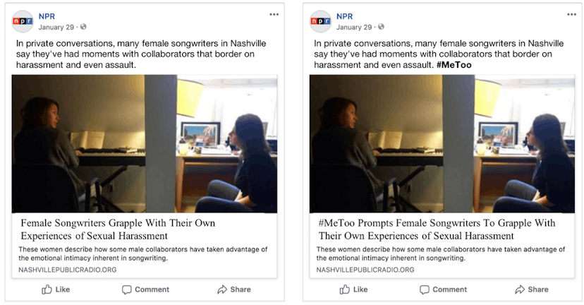 The original news post was identical to the one the right, except for the bolded #MeToo followed by ...