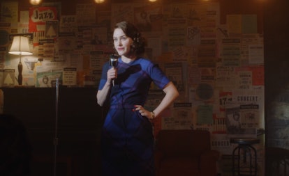 A scene from 'The Marvelous Mrs. Maisel' where Mrs. Maisel does a stand-up routine on stage. 