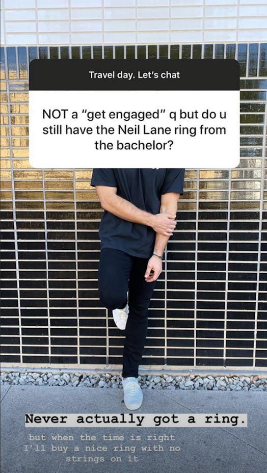 Colton Underwood responded to a 'Bachelor' fan's question about an engagement ring on Instagram.