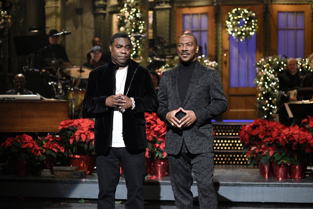 SATURDAY NIGHT LIVE -- "Eddie Murphy" Episode 1777 -- Pictured: (l-r) Tracy Morgan and host Eddie Mu...