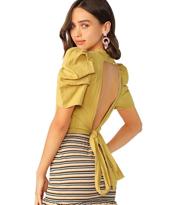 ROMWE Open Back Puff Sleeve Crop Top