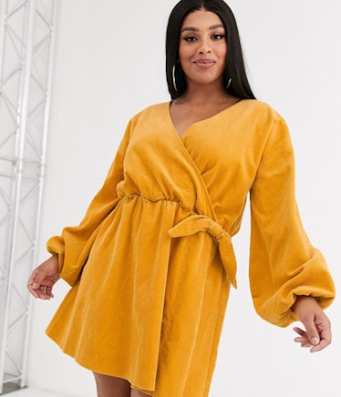 ASOS DESIGN Curve Cord Wrap Smock Mini Dress in Marigold