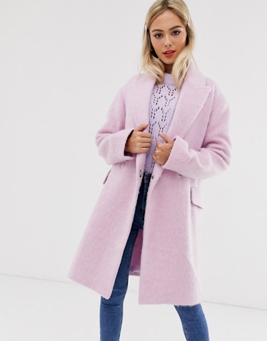 ASOS DESIGN Double Breasted Brushed Coat in Pink