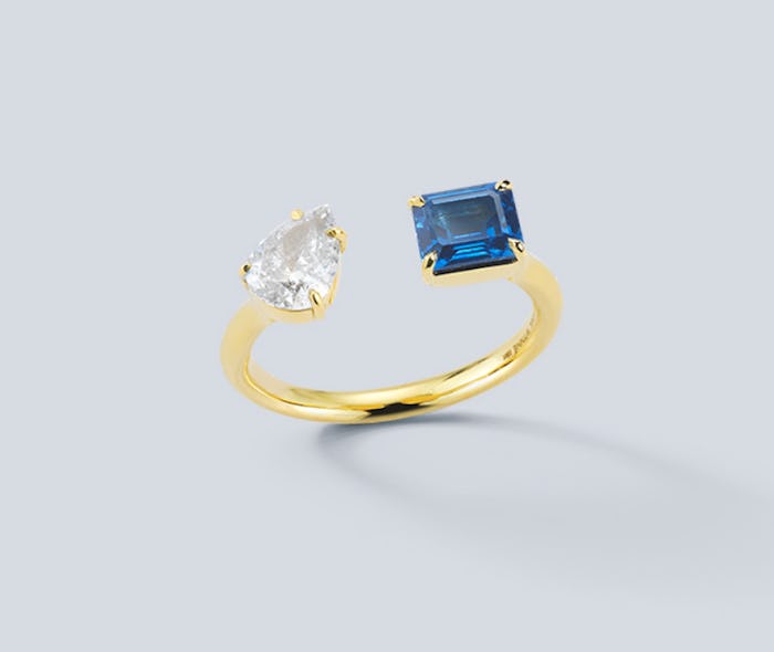 Prive Diamond Pear and Blue Sapphire Open Ring