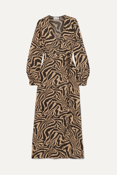 Tiger Print Crepe Wrap Midi Dress