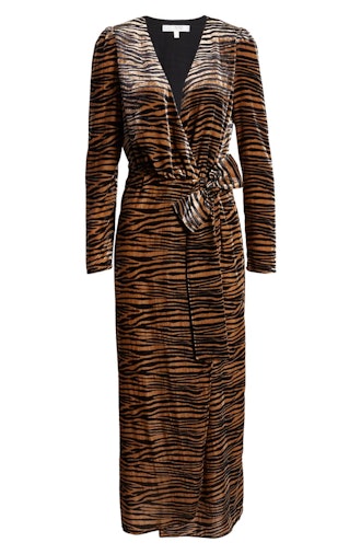 Arlene Tiger Print Long Sleeve Wrap Velvet Maxi Dress