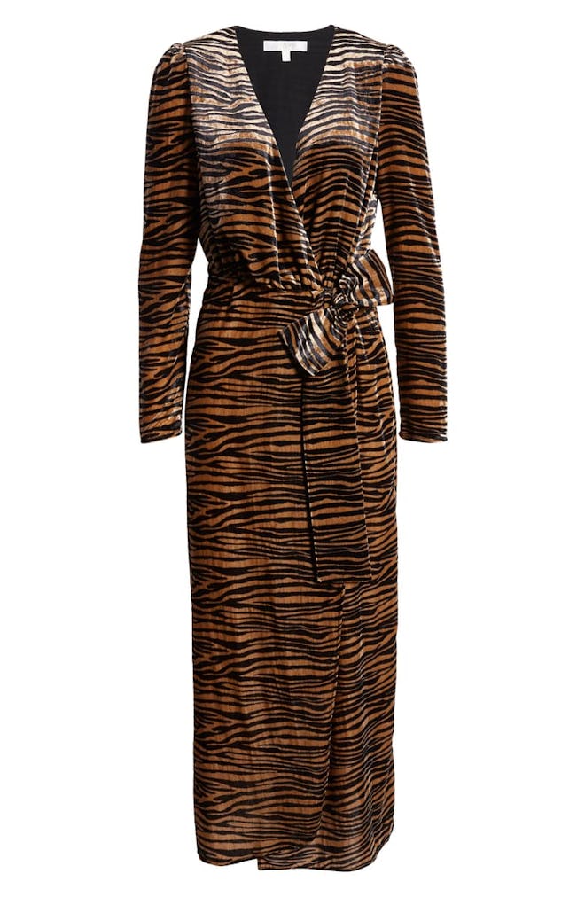 Arlene Tiger Print Long Sleeve Wrap Velvet Maxi Dress