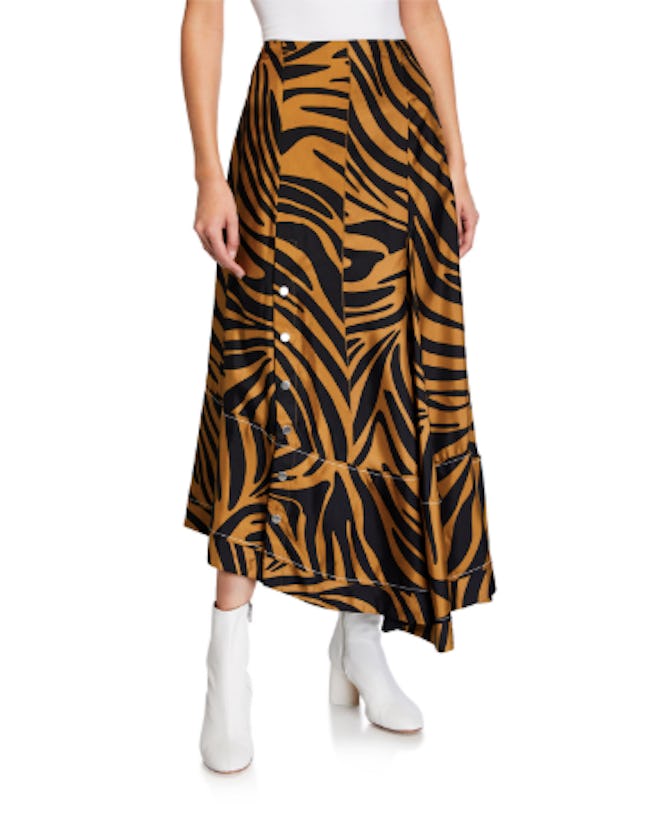 Pleated Zebra-Print Midi Skirt with Snaps