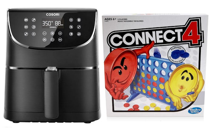 An image of an air fryer and a Connect 4 box, both bestselling amazon gifts in 2019