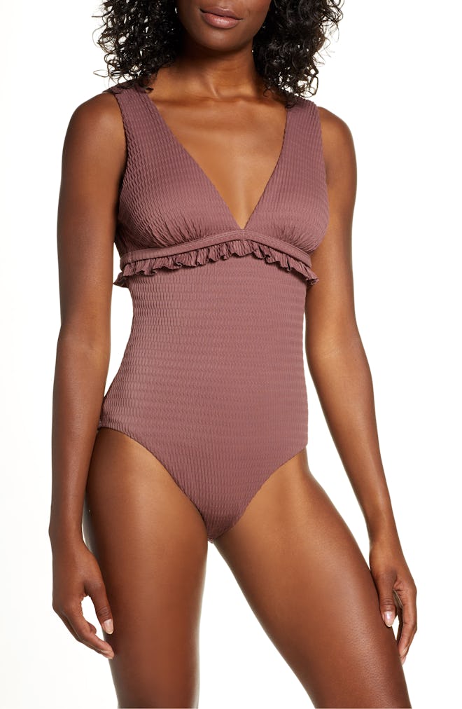 Chelsea28 Ruffle Trim One-Piece Swimsuit in Purple Taupe