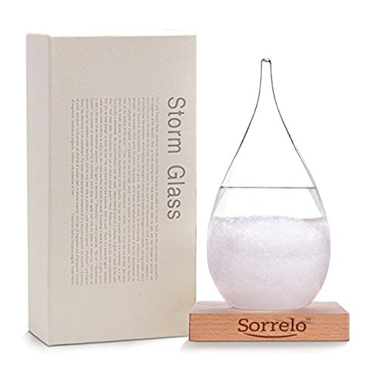 Weather Predicting Storm Glass Set-Elegant Weather Tear Drop Shaped Storm Glass Bottle with Wooden B...