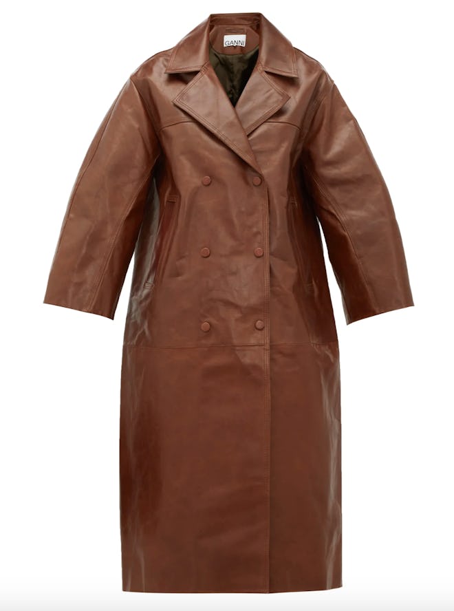 Copped-Sleeve Double-Breasted Leather Trench Coat