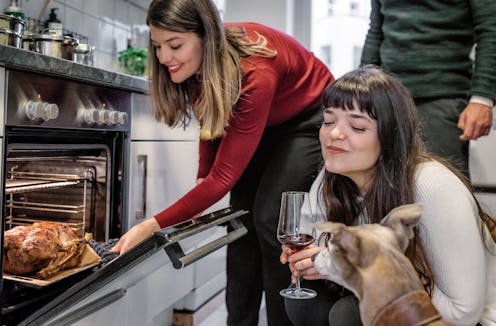 A young lady taking out a roasted turkey from a stove while a small dog watches the turkey and one l...