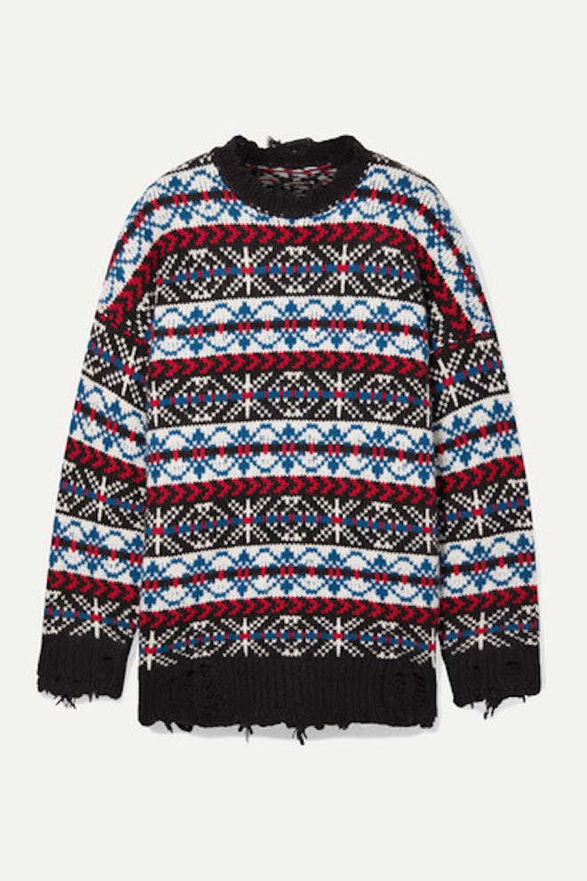 Oversized Distressed Fair Isle Cashmere Sweater