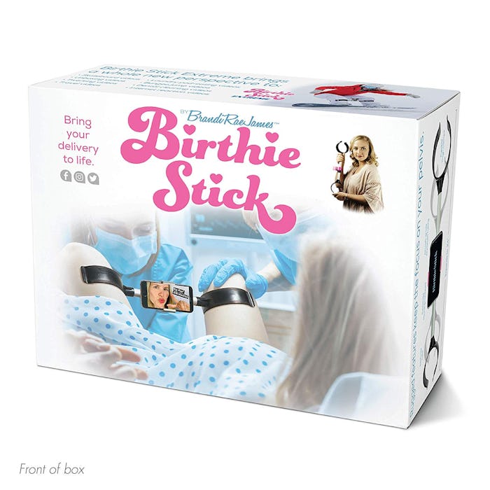 Image of the Birthie Stick box. A between-the-knee selfie stick for childbirth.