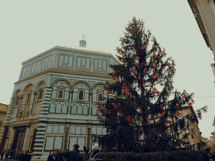 A decorated tree is set up near the Duomo in Florence, Italy around Christmas.