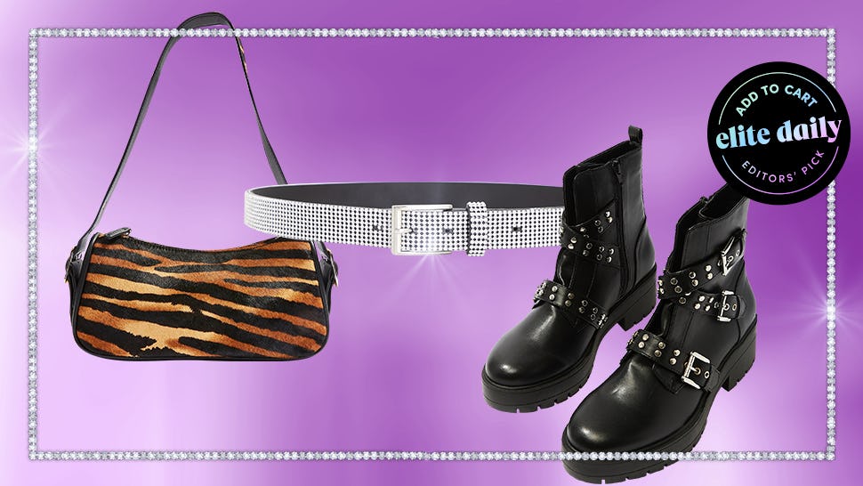 SLICK tiger print shoulder bag, black glitter rhinestone belt, and studded combat boots